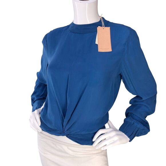 Scotch & Soda Blouse Womens S Blue Viscose Twist Front Mock Neck Long Sleeve - Picture 1 of 16